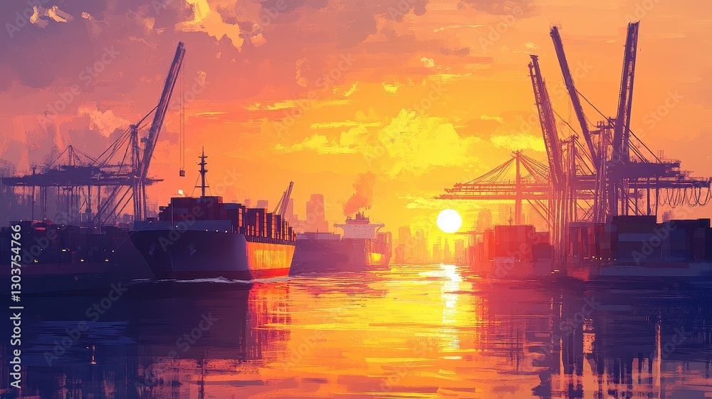 Obraz premium Sunset over a bustling container port, with large cargo ships docked and cranes unloading containers, illustrating the dynamic nature of international trade, logistics, and economic growth. 