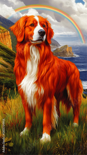 Stunning Vector Illustration of Long-Haired Red and White Dog by Coastal Cliff with Vibrant Rainbow Overlooking Ocean and Dramatic Sky