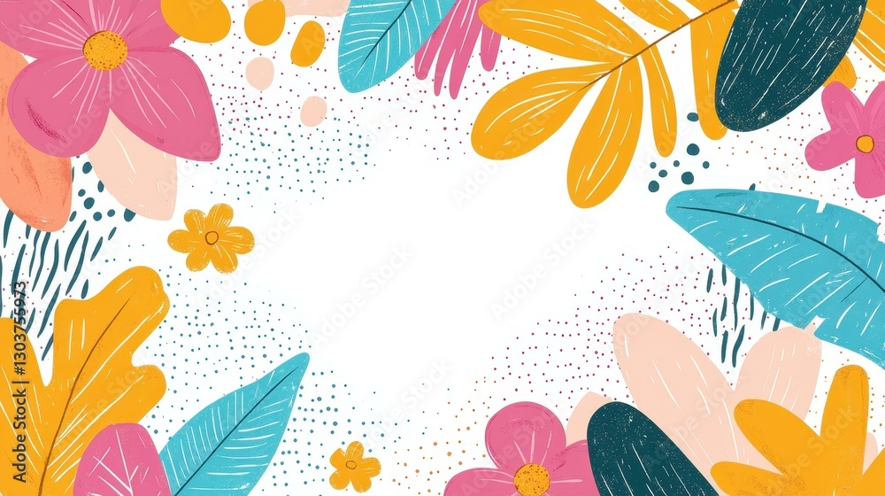 Obraz premium Vibrant tropical backdrop with lush jungle flowers and palm leaves, perfect for home decor and summer vibes in modern style.