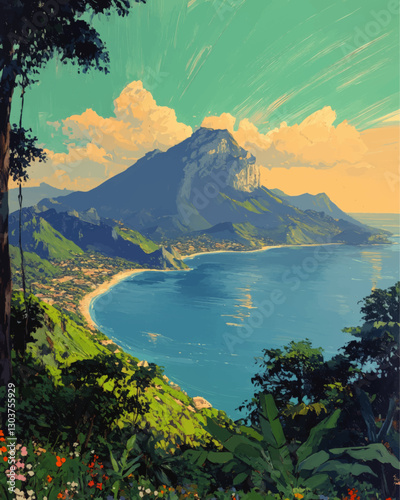 Stunning Vector Illustration of Tropical Mountain Coastline with Vibrant Greenery, Blue Ocean, Fluffy Clouds, and Radiant Sunlit Landscape Art