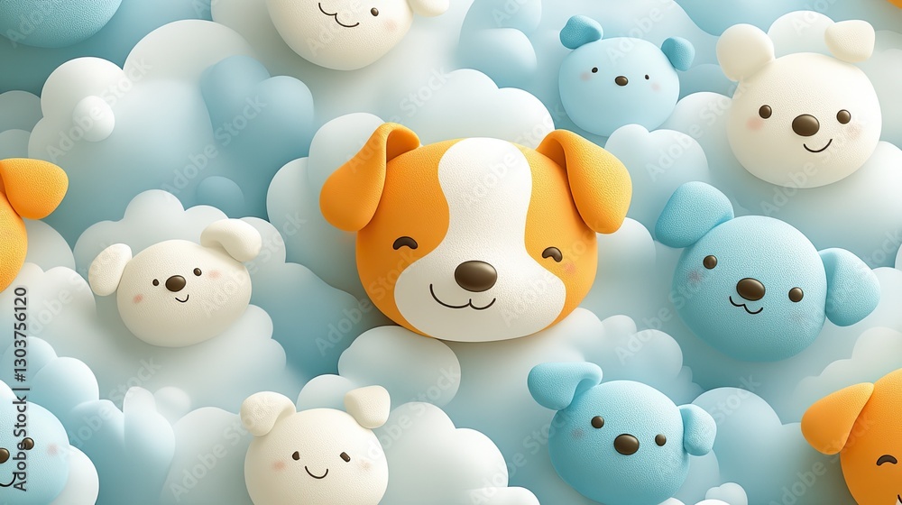 Naklejka premium A cluster of pastel-colored cartoon puppy faces surrounded by soft blue and white cloud shapes