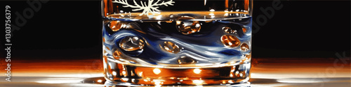 Stunning Artistic Vector of Whisky Glass with Coppery Ice Cubes and Blue Swirls on Wooden Table, Emphasizing Reflections and Warm Tones in Warm Lighting