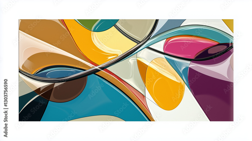 Obraz premium Vibrant abstract artwork featuring swirling, overlapping shapes in teal, yellow, brown, pink, and purple. Smooth, glossy textures suggest fluid movement and dynamic energy