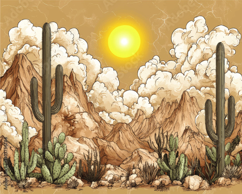 Stunning Vector Artwork of Desert Landscape with Cacti, Majestic Mountains, Vibrant Sun, and Dramatic Clouds - Perfect for Nature and Western Themes