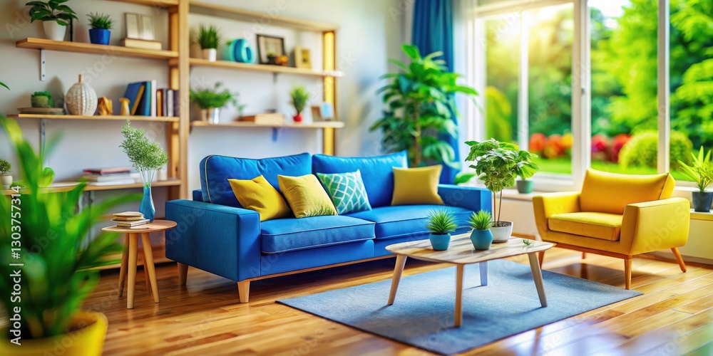 Fototapeta premium Cozy Living Room with Blue and Yellow Couches and Potted Plants in Tilt-Shift Photography Style
