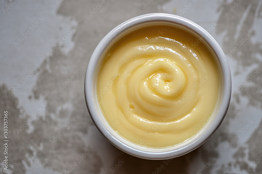 Overhead View of Creamy Yellow Custard in a Small White Bowl on a Textured Surface Overhead View of Creamy Yellow Custard in a Small White Bowl on a Textured Surface
