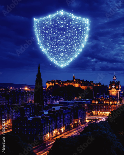 Illuminated Shield over Edinburgh Skyline: Digitally Enhanced Cybersecurity Symbol with Night Cityscape of Edinburgh Castle and Balmoral Clock Tower