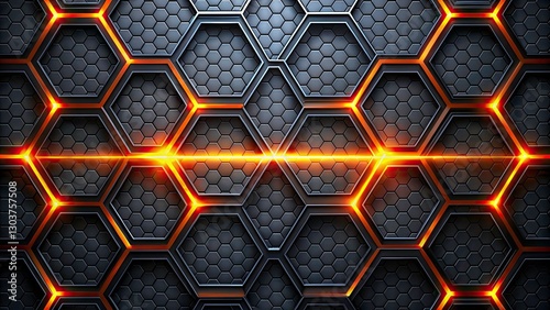 Dark Gray Abstract Technology Banner with Hexagon Carbon Fiber Grid and Orange Neon Lines - Drone Photography Background for Digital Design and Innovation
