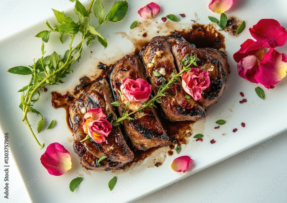 Gourmet Grilled Steak with Rose Garnish on White Plate