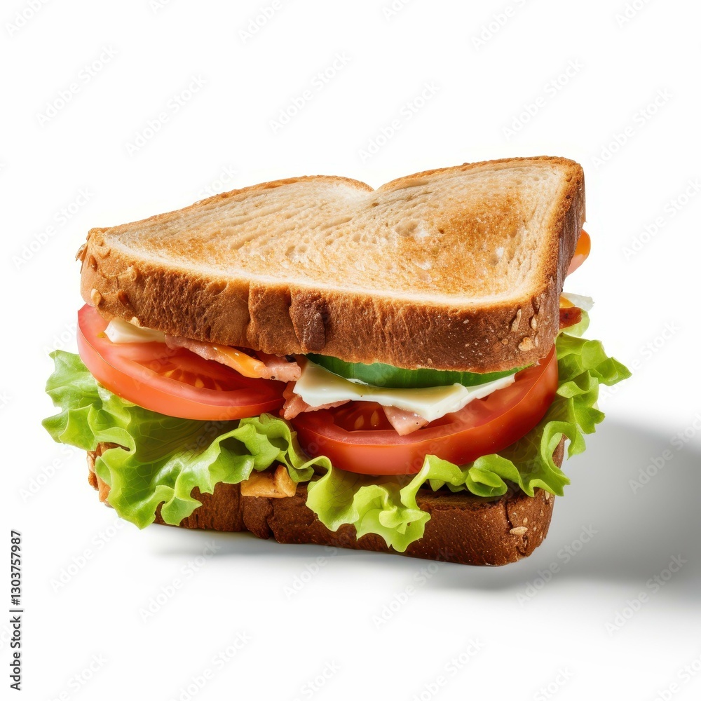 An appetizing di cut of a sandwich, showcasing layers of fresh ingredients and vibrant colors against a clean, white backdrop. An appetizing di cut of a sandwich, showcasing layers of fresh ingredients and vibrant colors against a clean, white backdrop.