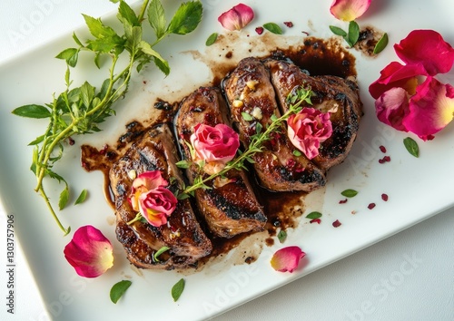Obraz na płótnie Gourmet Grilled Steak with Rose Garnish on White Plate w salonie