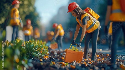 Obraz na płótnie Workers in orange safety vests and red helmets plant greenery along a roadside, enhancing the urban environment. w salonie
