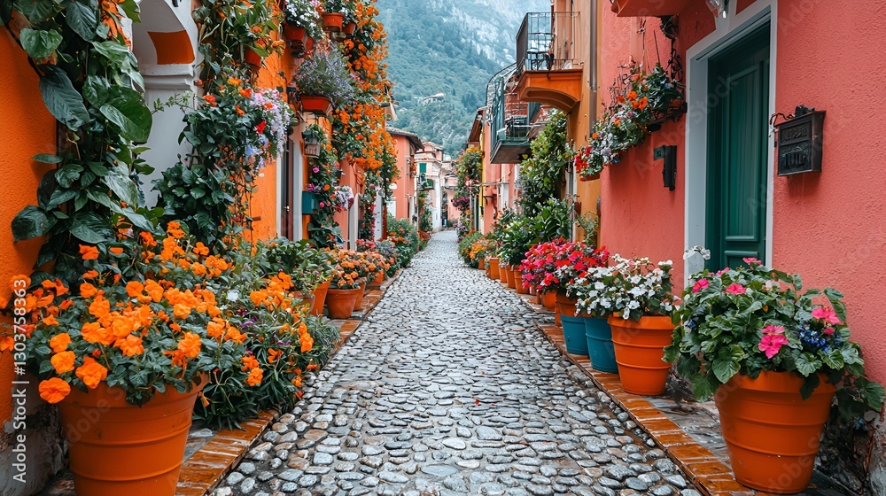 Fototapeta premium Colorful Italian village street with flowers