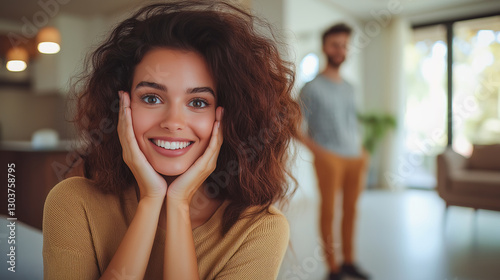 Person with ecstatic expression after receiving surprise from partner about their new home purchase, standing in bright, freshly acquired apartment.