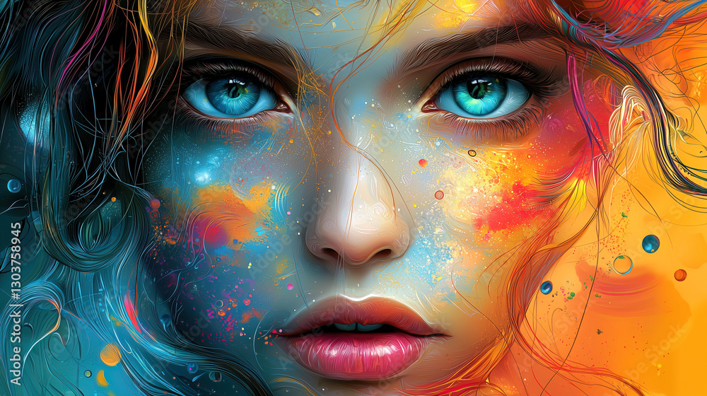 A surreal portrait of a woman with mesmerizing blue eyes, intricate textures, and organic details. Her ethereal beauty blends with fantasy elements, creating a dreamlike, futuristic aesthetic.