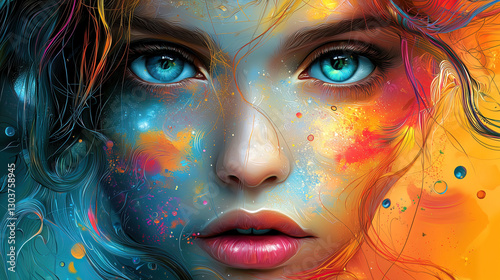 Obraz na płótnie A surreal portrait of a woman with mesmerizing blue eyes, intricate textures, and organic details. Her ethereal beauty blends with fantasy elements, creating a dreamlike, futuristic aesthetic. w salonie