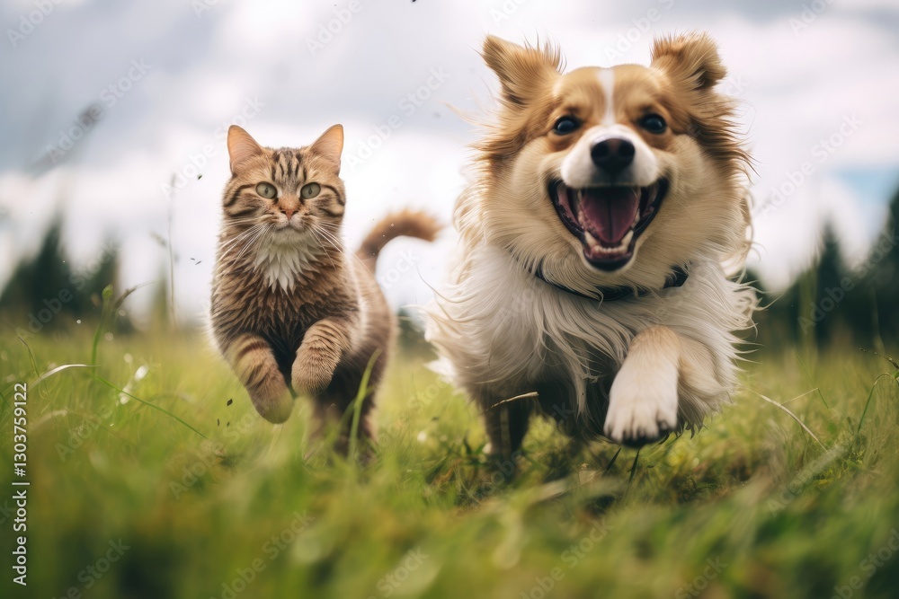 Cat and dog running together in grassy field. Playful pets outdoors. Friendship between animals. Joyful domestic companions enjoying nature. Summer pet care concept. Cat and dog running together in grassy field. Playful pets outdoors. Friendship between animals. Joyful domestic companions enjoying nature. Summer pet care concept.