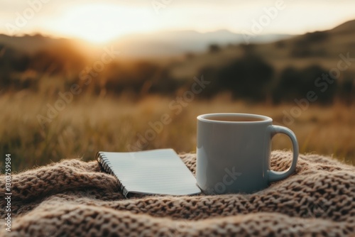 Cozy morning: enjoying hot coffee and journaling at sunrise in nature