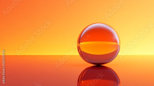 A glassy sphere reflecting on a smooth orange surface