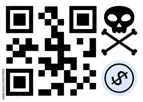 QR code beside skull and crossbones as a warning and dollar sign in a circle suggesting financial fraud. Ideal for cybersecurity risk, digital fraud, phishing, online scams, malware, identity theft