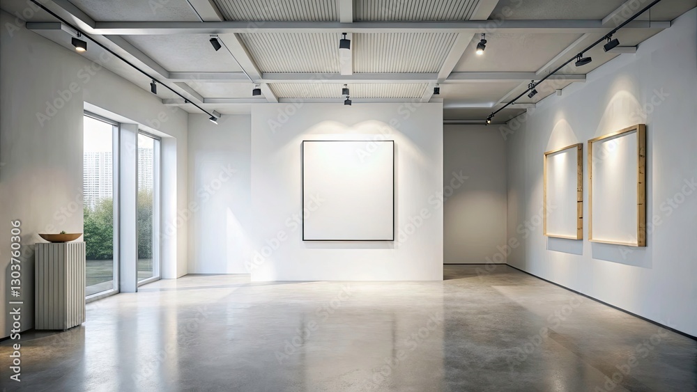 Minimalist Gallery Interior with Blank Canvas for Art Display in White Space - Perfect for Modern Art Exhibitions and Photography Minimalist Gallery Interior with Blank Canvas for Art Display in White Space - Perfect for Modern Art Exhibitions and Photography