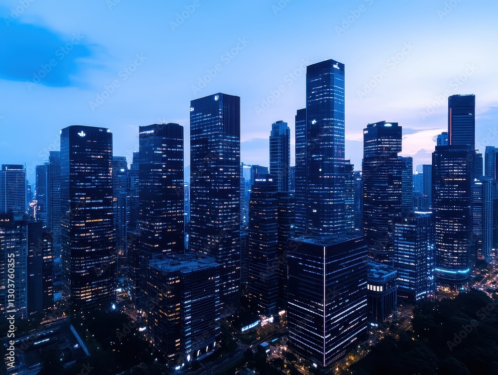 Fototapeta premium Aerial view of a bustling city skyline at dusk, showcasing modern skyscrapers illuminated
