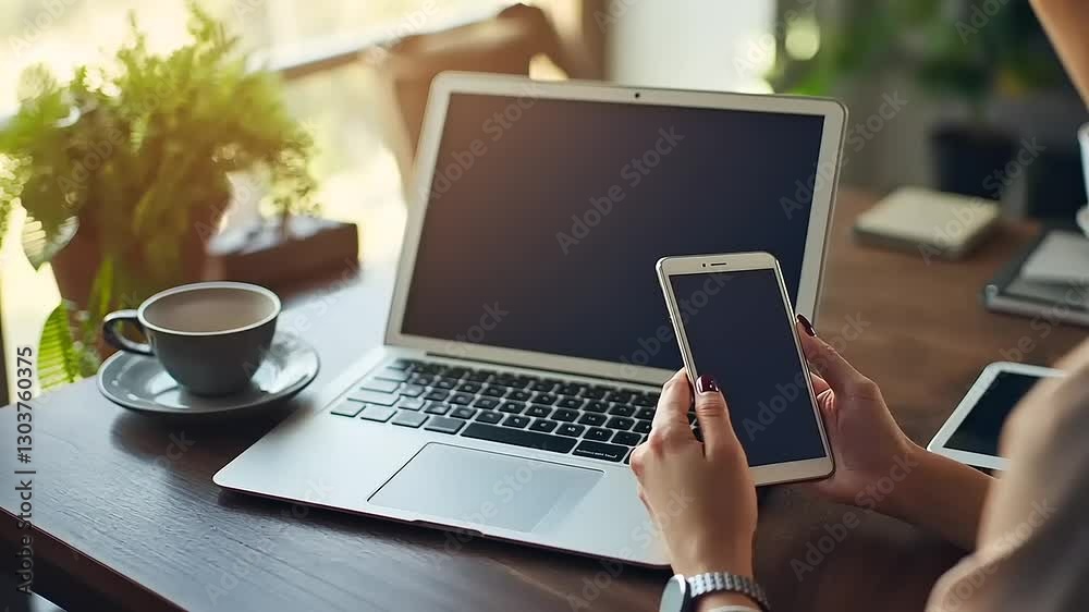 A person using a smartphone next to a laptop and coffee on a wooden table. A person using a smartphone next to a laptop and coffee on a wooden table.