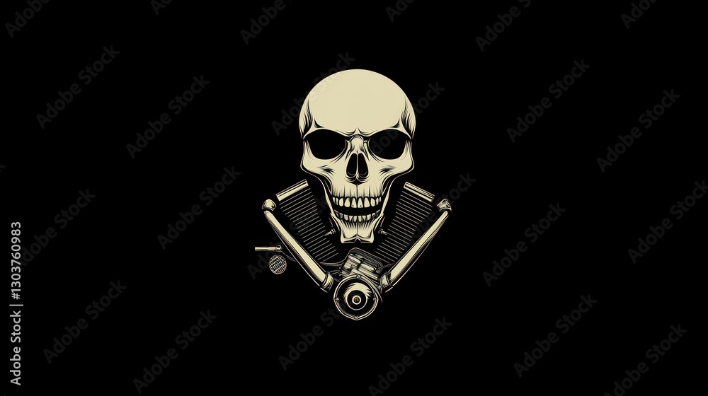 Skull with motorcycle engine, graphic design, art, possible use in a logo or t-shirt design Skull with motorcycle engine, graphic design, art, possible use in a logo or t-shirt design