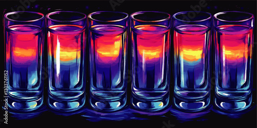 Vibrant Neon Shot Glasses Vector Art with Colorful Red Blue Yellow Black Background - Perfect for Bar Themes, Party Invitations, and Modern Digital Decor
