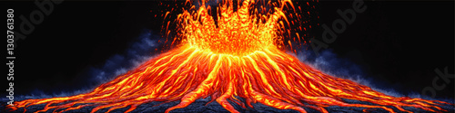 Dynamic Vector Illustration of Erupting Volcano with Lava and Smoke in Night Sky, Showcasing Intense Colors and Natural Phenomena for Educational and Creative Use
