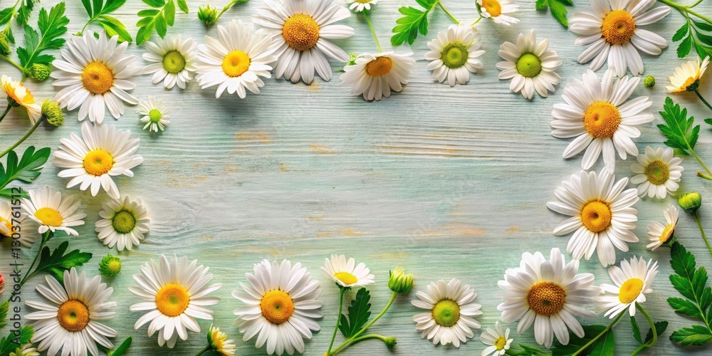 Obraz premium Natural Spring Frame with Daisy Flowers - Festive Flat Lay Top View for Celebration Vibes, Copy Space for Messages