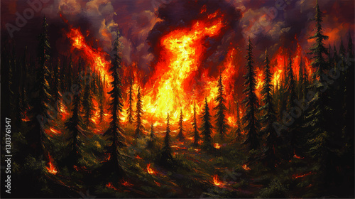 Vivid Vector Illustration of Forest Wildfire with Tall Flames and Dense Smoke Among Pine Trees Against Dramatic Sky - Nature Disaster and Environmental Impact Imagery