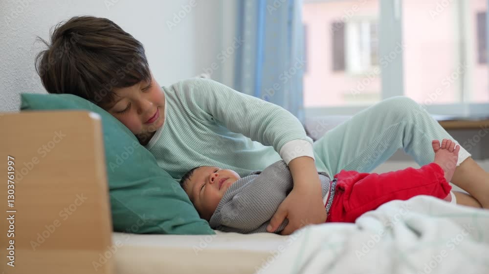 Older sibling embraces baby on a bed, creating a serene and loving scene in a cozy, sunlit room filled with warmth and affection Older sibling embraces baby on a bed, creating a serene and loving scene in a cozy, sunlit room filled with warmth and affection