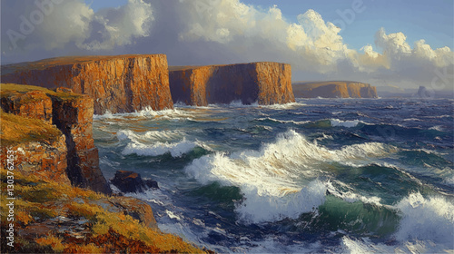 Majestic Coastal Cliffs and Crashing Ocean Waves Under Dramatic Sky in Vibrant Vector Art - Nature Landscape with Sea, Clouds & Rocky Shoreline
