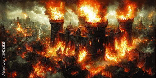 Epic Medieval Fortress Under Siege with Towering Flames and Smoke Illustrating Intense Historical Battle and Destruction in a Dystopian Fantasy Setting