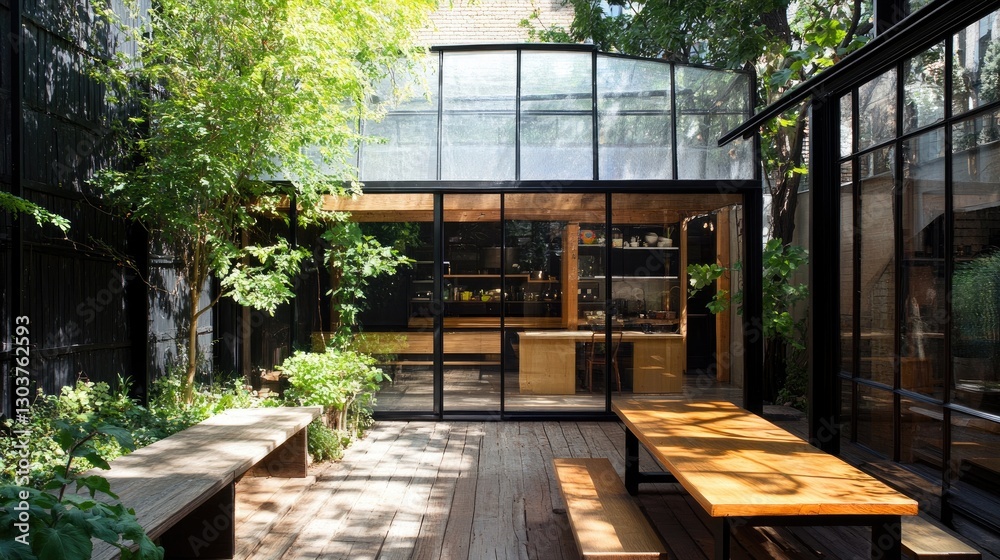 Fototapeta premium Bright and airy outdoor courtyard with a greenhouse, wooden benches, and a designated play zone.