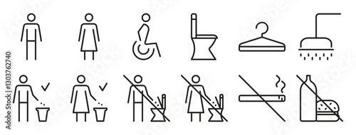 Toilet black line icon set, WC outline sign collection. Restrooms for men and women, vector editable stroke pictograms, do not throw trash in toilet bowl and other prohibitory signs

