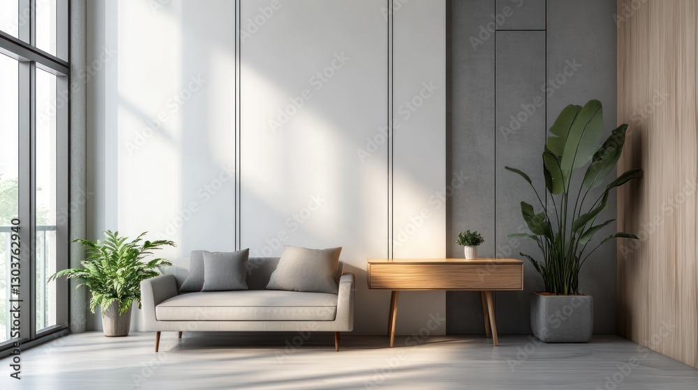 Fototapeta premium Modern living room interior with sofa and plants. Use Home decor, interior design