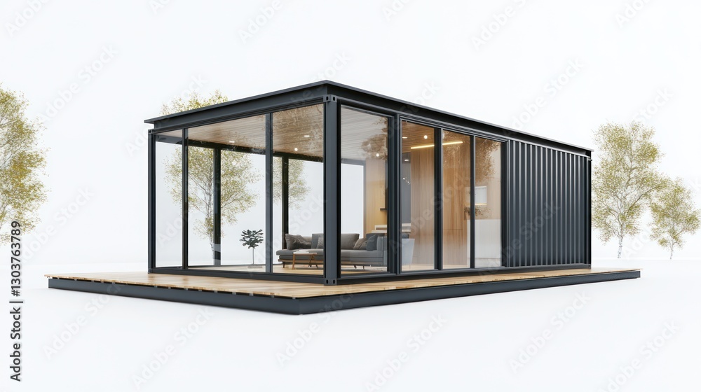 Fototapeta premium Modern Container Home on Platform, Minimalist Design, Exterior View, Ideal for Stock Photography