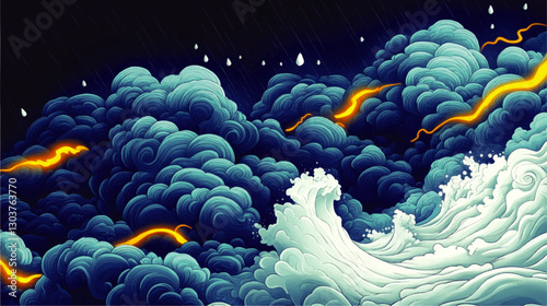 Dynamic Vector Artwork of Stormy Ocean Waves with Blue Swirling Clouds and Striking Lightning Under Dark Sky - Perfect for Creative Design Projects and Nature Themes