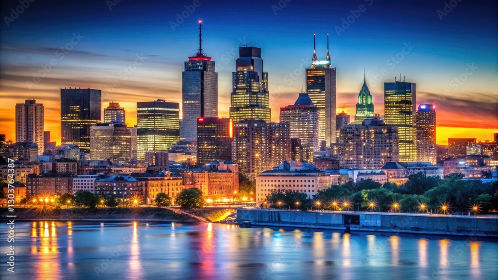 Obraz premium Stunning Montreal Skyline at Sunset - Silhouettes of Iconic Buildings on a Blue Background, Perfect for Travel and Cityscape Illustrations