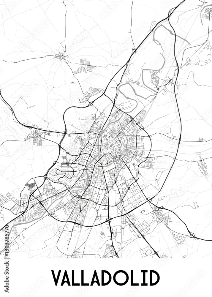 Naklejka premium A detailed black and white map of Valladolid, Spain, showcasing the city's street network and surrounding areas. The map features a winding river flowing through the city center.