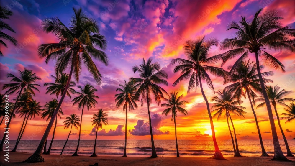 Obraz premium Tropical Beach Sunset with Silhouetted Palm Trees, Vibrant Colors and Serene Atmosphere, Perfect for Relaxation and Nature Lovers
