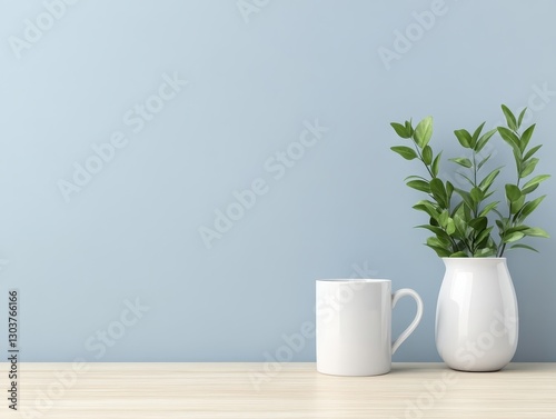 Wallpaper Mural Minimalist interior scene featuring a white mug and a vase with greenery against a blue wall Torontodigital.ca