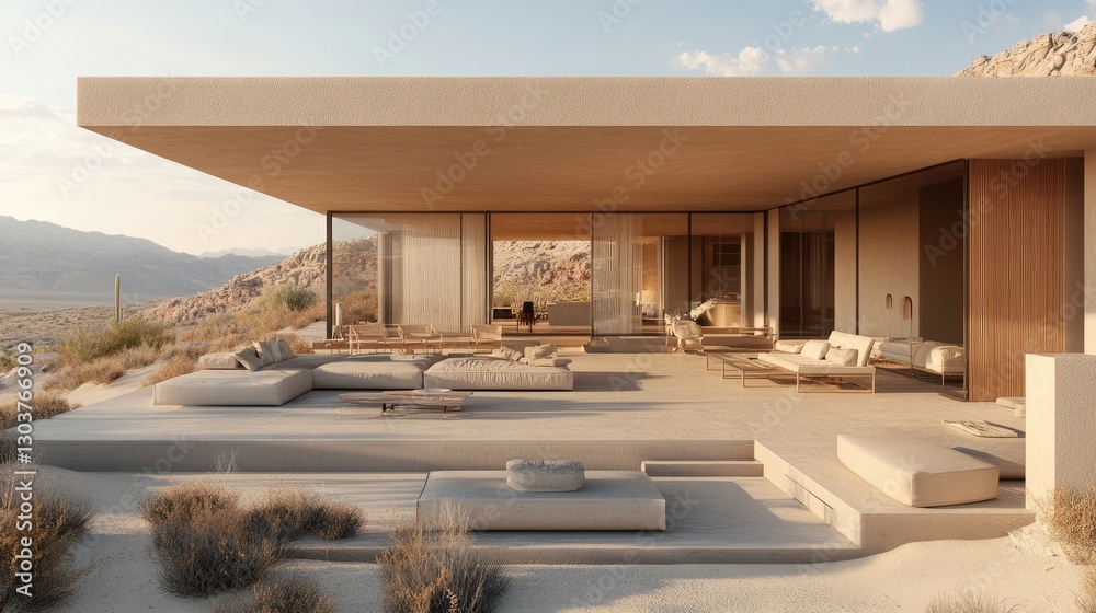 Fototapeta premium Minimalist open-concept living room extending to a spacious outdoor lounge, with sleek neutral dcor and cozy seating arrangements.