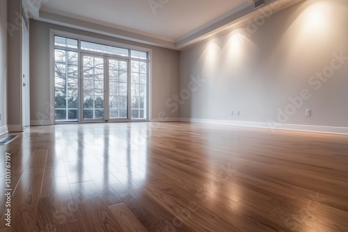 Wallpaper Mural A spacious, empty living room with hardwood floors and large windows letting in natural light. Torontodigital.ca