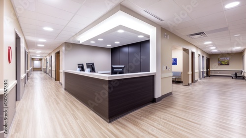 Modern hospital reception area, interior, hallway, waiting area. Possible use Stock photo for medical facilities, healthcare design photo