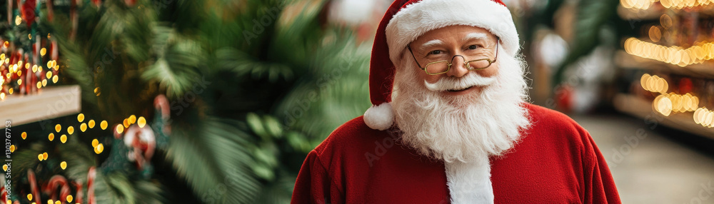 Naklejka premium Christmas in July Santa. Smiling Santa Claus in a festive setting with decorations.