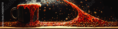 Vector Image of Coffee Splashing from Cup with Floating Coffee Beans in Artistic Style - Perfect for Cafes, Coffee Lovers, and Beverage Art Enthusiasts