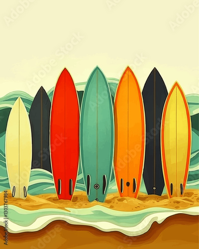 Colorful Surfboard Vector Illustration on Beach with Ocean Waves Background - Vibrant Summer Art for Surfing Enthusiasts and Coastal Beach-Themed Decor